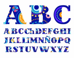 Carnival, Spanish alphabet, vector font, capital letters. Colored letters Spanish and Portuguese alphabet with serif. Drawing on the letters, similar to fireworks. 