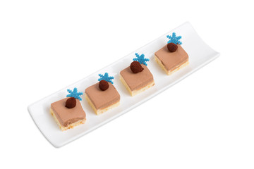 Delicious mousse cakes with chocolate truffles.