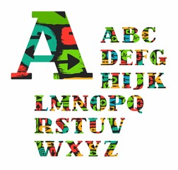 English alphabet, arrow, vector, font, color. Colored, uppercase letters of the English alphabet with the black arrow on coloured spots. Letters with serifs. 