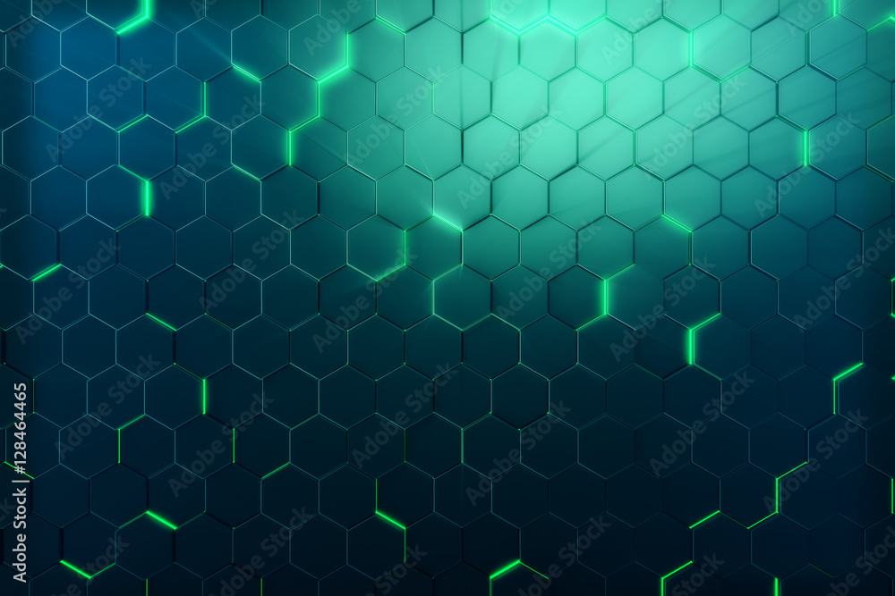 Poster abstract green of futuristic surface hexagon pattern with light rays. 3d rendering