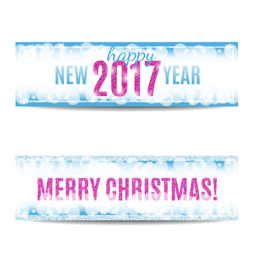 Christmas and Happy New Year 2017 banners set. Blue background with bokeh, snow, fog and snowflakes. Pink text. Glitter sequins. Flyer and coupon design template. Vector EPS10 illustration.