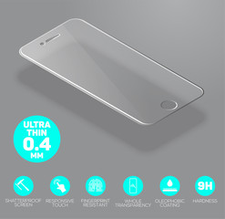 Screen protect Glass. Vector screen protector film or glass cover isolated on grey background. Mobile accessory. Vector illustration