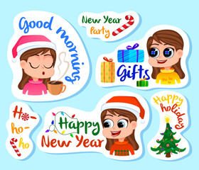 Set of new year stickers or magnets. Festive souvenirs. holidays sticker label. Vector illustration