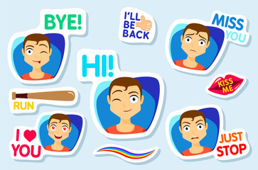Collection of stickers for chat or sms. Stickers with man. Men with different facial expressions. cartoon funny stickers set. Bye, Hi, Miss you, I love you, Just stop, Vector