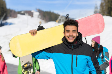 Hispanic Man Tourist Snowboard Ski Resort Snow Winter Mountain Happy Smiling Guy On Holiday Extreme...