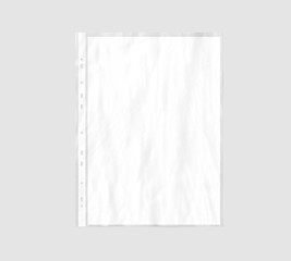 Blank white A4 paper sheet mockup in transparent plastic sleeve, 3d rendering. Cellophane document...