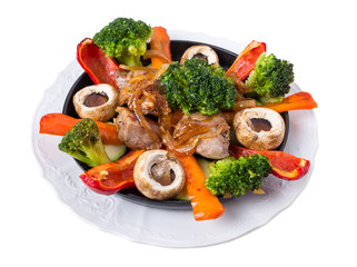 Grilled pork shish kebab with delicious vegetables.