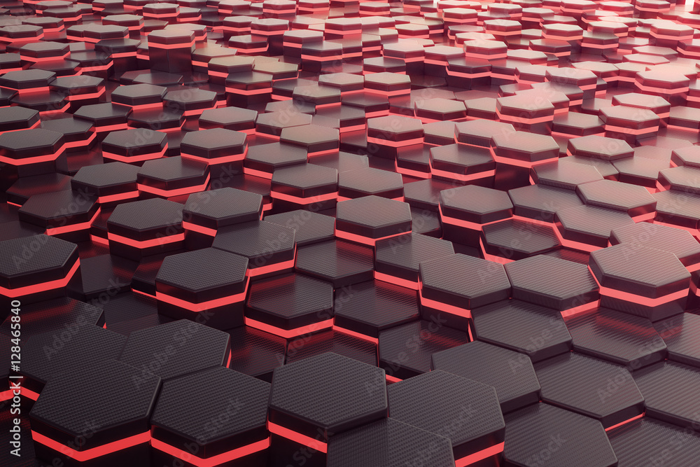 Poster red glowing hexagon futuristic background. 3d rendering