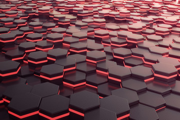 Red glowing hexagon futuristic background. 3d rendering
