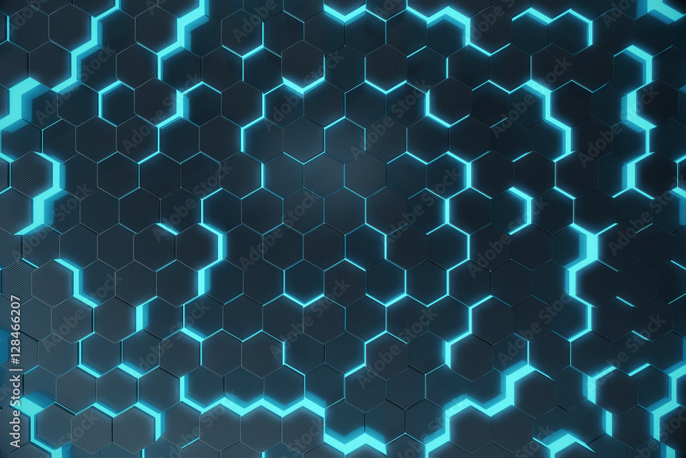 Poster blue abstract hexagonal glowing background, futuristic concept. 3d rendering