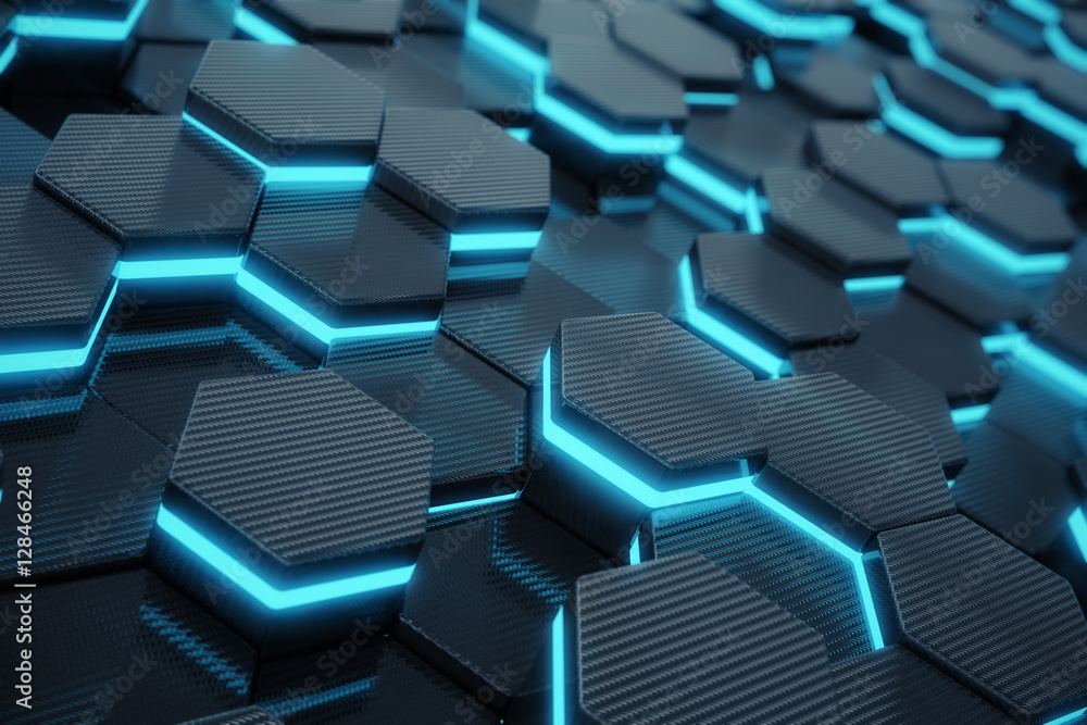 Poster blue abstract hexagonal glowing background, futuristic concept. 3d rendering