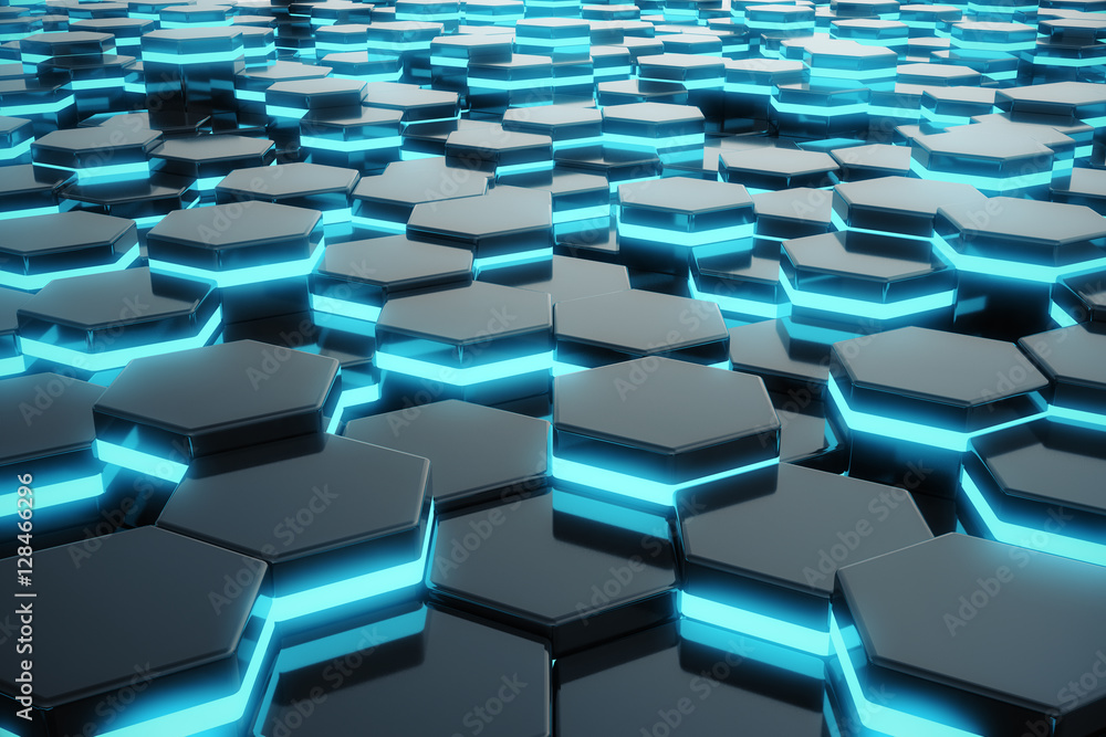 Poster abstract blue glowing of futuristic surface hexagon pattern. 3d rendering
