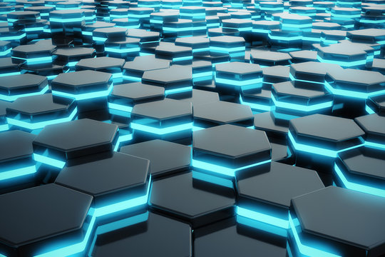 Abstract blue glowing of futuristic surface hexagon pattern. 3D Rendering © rost9
