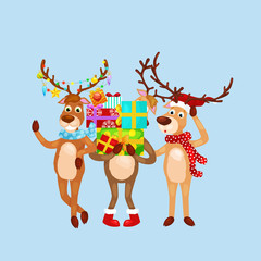 christmas set of deer with banner isolated, happy winter xmas holiday animal greeting card, santa helper reindeer vector illustration