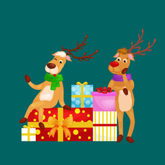 christmas set of deer with banner isolated, happy winter xmas holiday animal greeting card, santa helper reindeer vector illustration