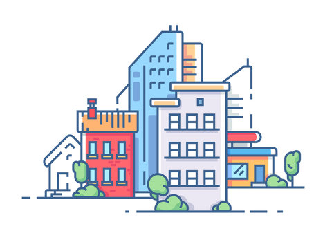 City with high buildings for housing. Color apartment house. Vector illustration