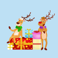 christmas set of deer with banner isolated, happy winter xmas holiday animal greeting card, santa helper reindeer vector illustration