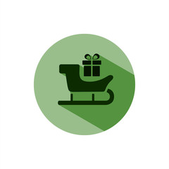 Sled icon with a gift with shadow on green circle