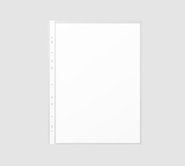 Blank white A4 paper sheet mockup in transparent plastic sleeve, 3d rendering. Cellophane document protector pocket mock up.