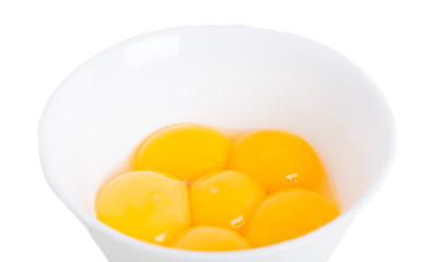 Fresh egg yolks on white bowl.