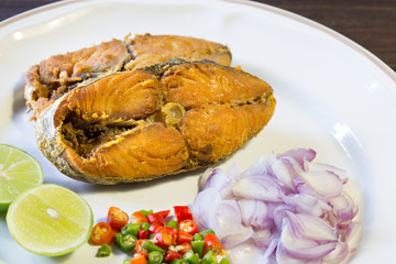 Fried dried salted fish with flavoring spicy, thaifood
