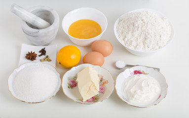 Various ingredients for baking cake.