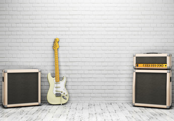 Room with brick wall, speakers and a guitar. 3D rendering - 128468484