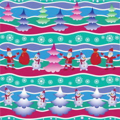 Christmas tree, Santa and Snowman. Pattern. Design for fabrics, tapestries, packaging for gifts.
