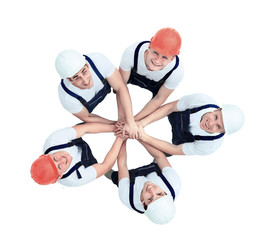 Large group of workers standing in circle top view