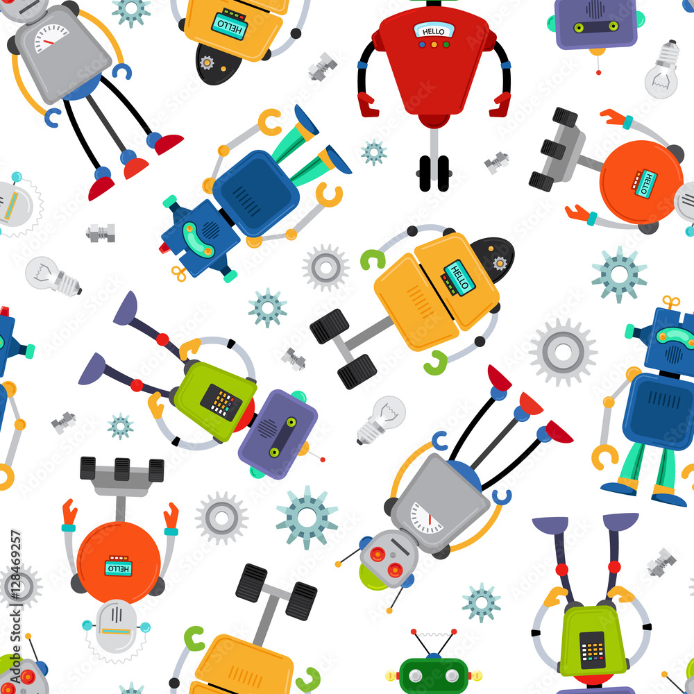 Poster robot pattern with cute colorful robots on white. vector illustration