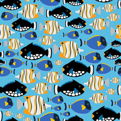Sea pattern with different fishes on blue background. Vector underwater background