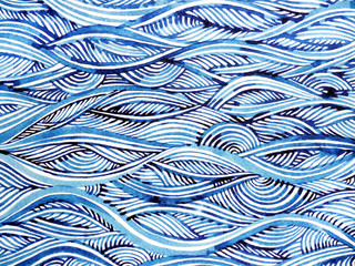 blue wave minimal watercolor painting hand drawn japanese style