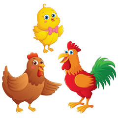 Vector Illustration Of Cartoon Chick, Chicken and Rooster