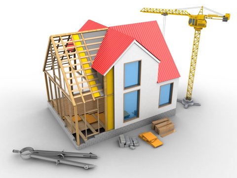 3d illustration of house structure over white background with crane