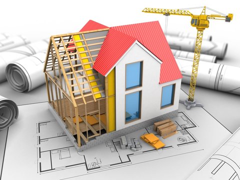 3d illustration of crane over house plan background with house structure