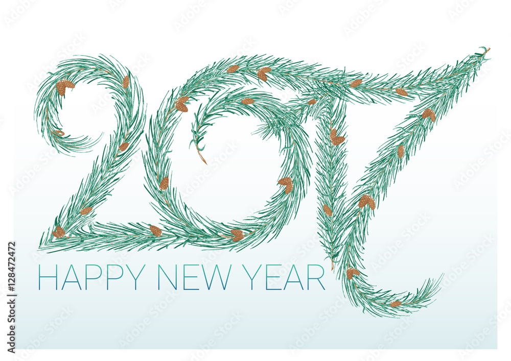 Poster happy new year. 2017 number of branches of fir with cones on a light background. christmas snowflake