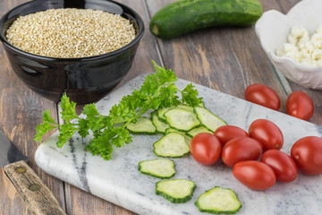 Ingredients for quinoa mediterranean salad.