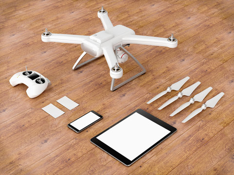 Drone with control devices. 3D illustration.