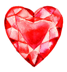 watercolor sketch of shiny diamond red heart on white background