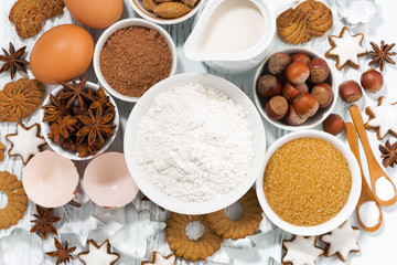 ingredients for baking, cookies and spices, top view