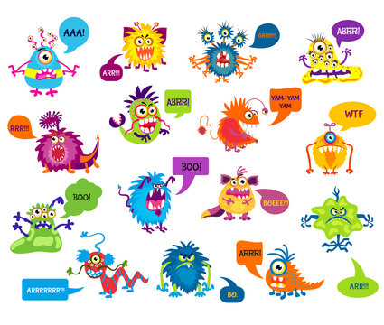 Cartoon silly monsters with funny inscriptions vector illustration