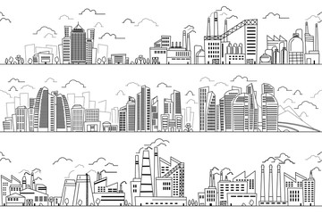 Industrial landscape and hand drawn cityscape. Vector plants buildings line silhouettes