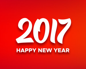 Happy New Year 2017 greeting card design with white paper text on red blurred background. Vector festive illustration for winter holidays greetings.