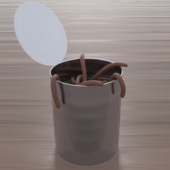 An opened can of worms on a wood floor