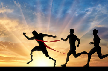 Paralympic runner with prosthesis and normal runners