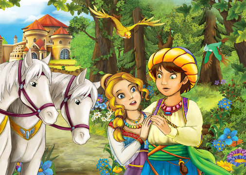 Cartoon scene with cute royal charming couple on the meadow - beautiful manga girl - illustration for children