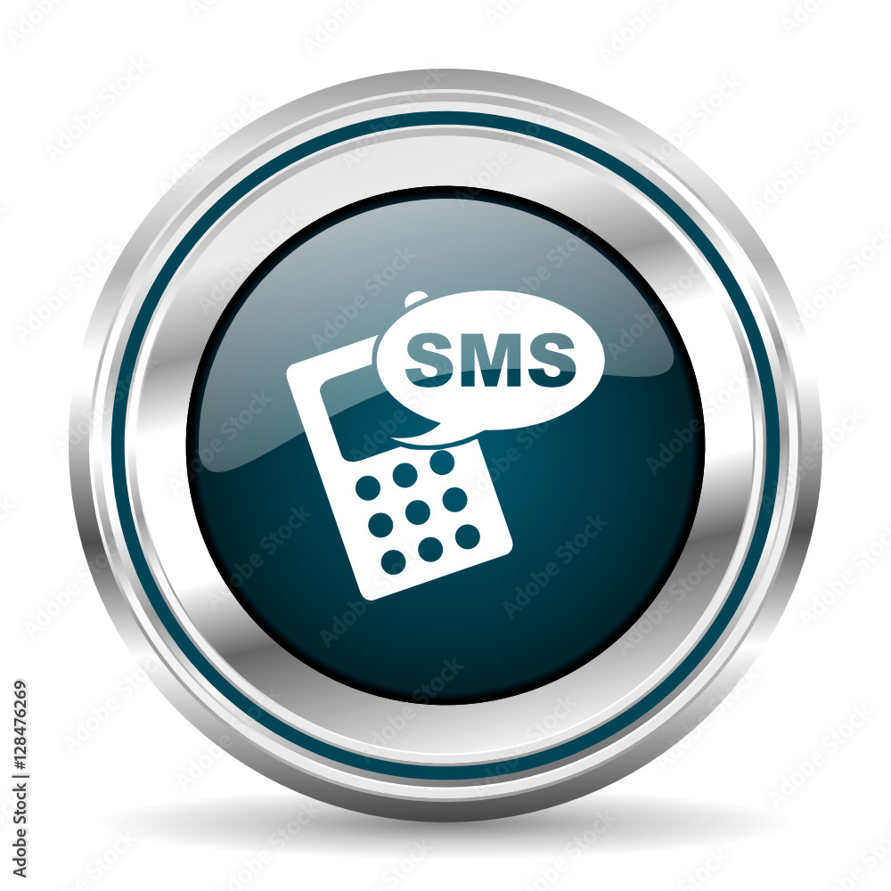 Poster SMS vector icon. Chrome border round web button. Silver metallic pushbutton.