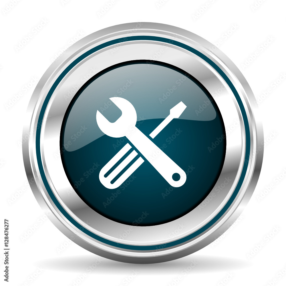 Poster Tools vector icon. Chrome border round web button. Silver metallic pushbutton.