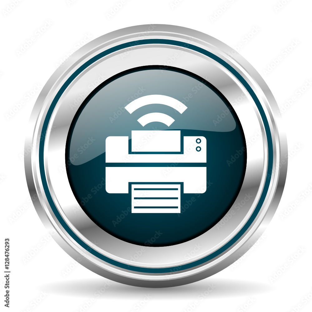 Poster Printer vector icon. Chrome border round web button. Silver metallic pushbutton.