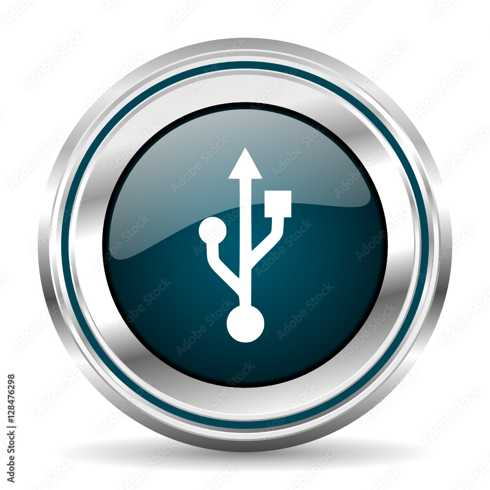 Poster USB vector icon. Chrome border round web button. Silver metallic pushbutton.